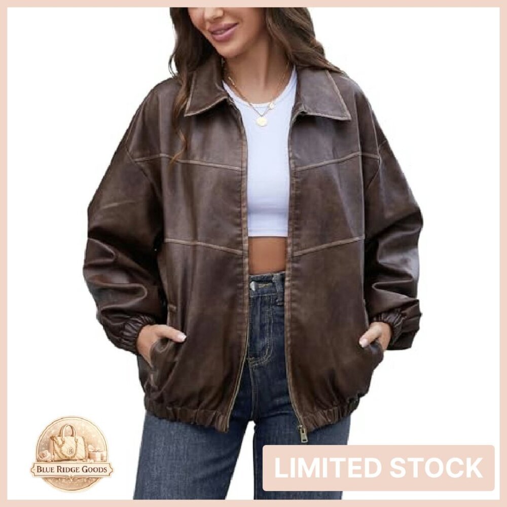 Oversized Faux Leather Jacket Y2K Vintage Motorcycle Style Distressed - Picture 2 of 8